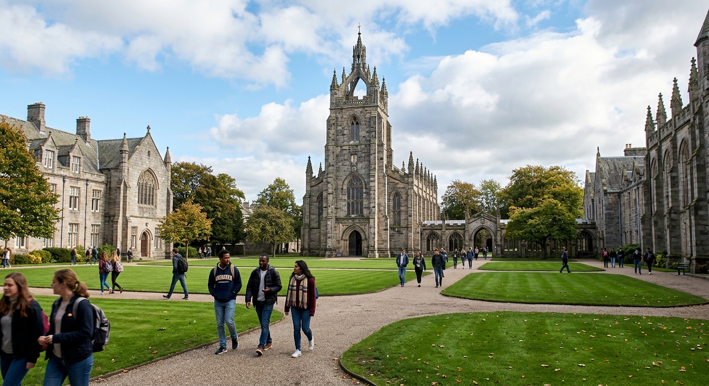 University of Aberdeen historic granite campus buildings with King's College Chapel crown tower, green lawns, and students walking on pathways under a clear Scottish sky