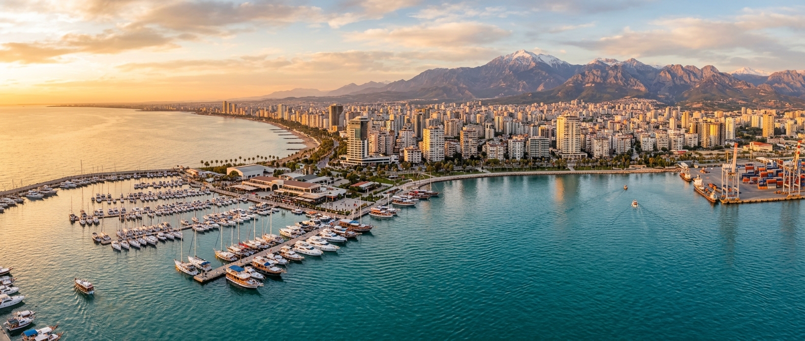 Panoramic view of Mersin city skyline along the Mediterranean coast, turquoise sea in the foreground, Taurus Mountains in the background, marina with boats, warm golden hour light