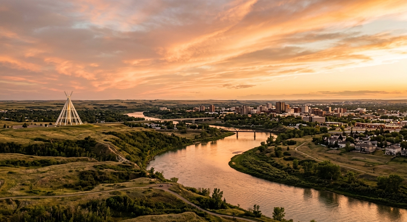 Medicine Hat Alberta city skyline along the South Saskatchewan River, prairie landscape, Saamis Tepee landmark visible, golden sunset light, vast open sky