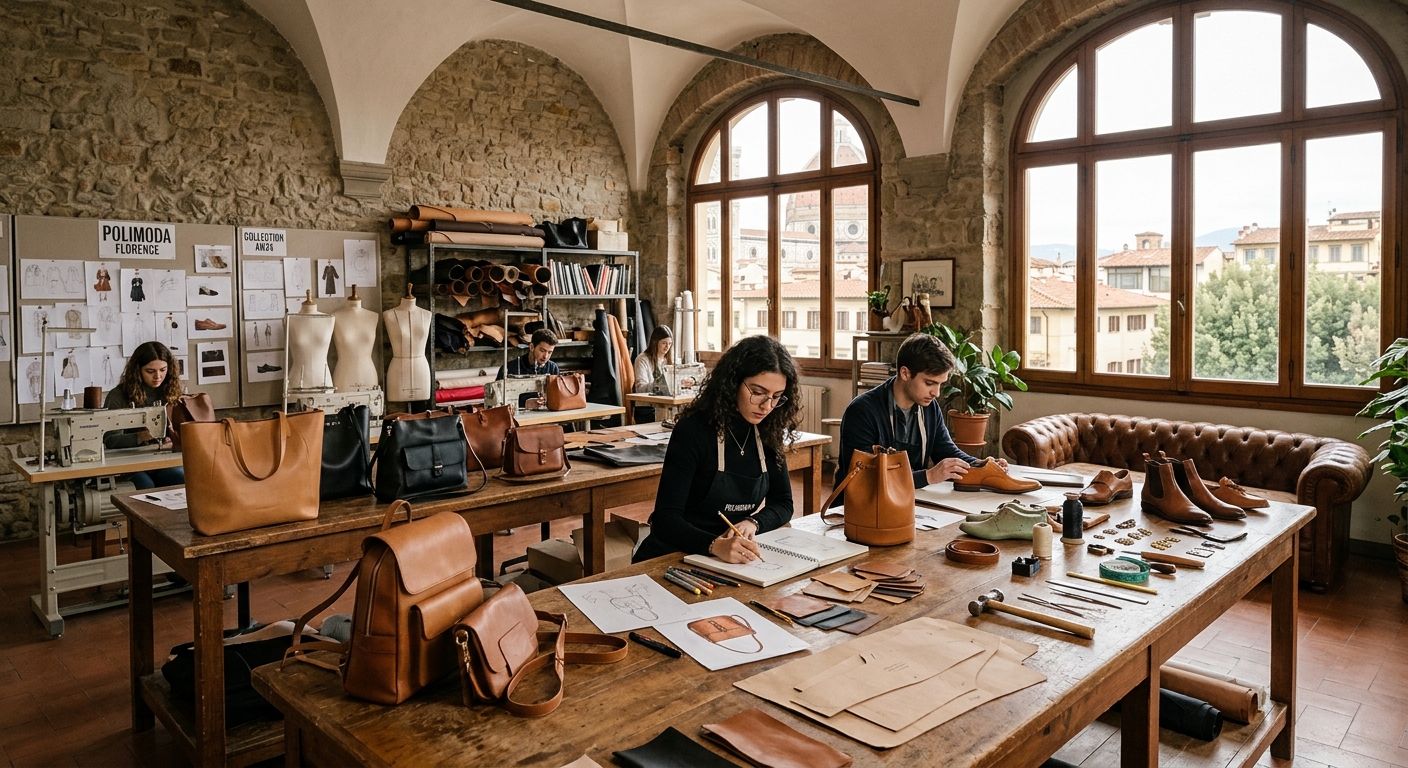 Elegant fashion accessories design studio in Florence Italy, leather bags and shoes on worktables, students sketching designs, natural light from tall windows, Polimoda campus atmosphere