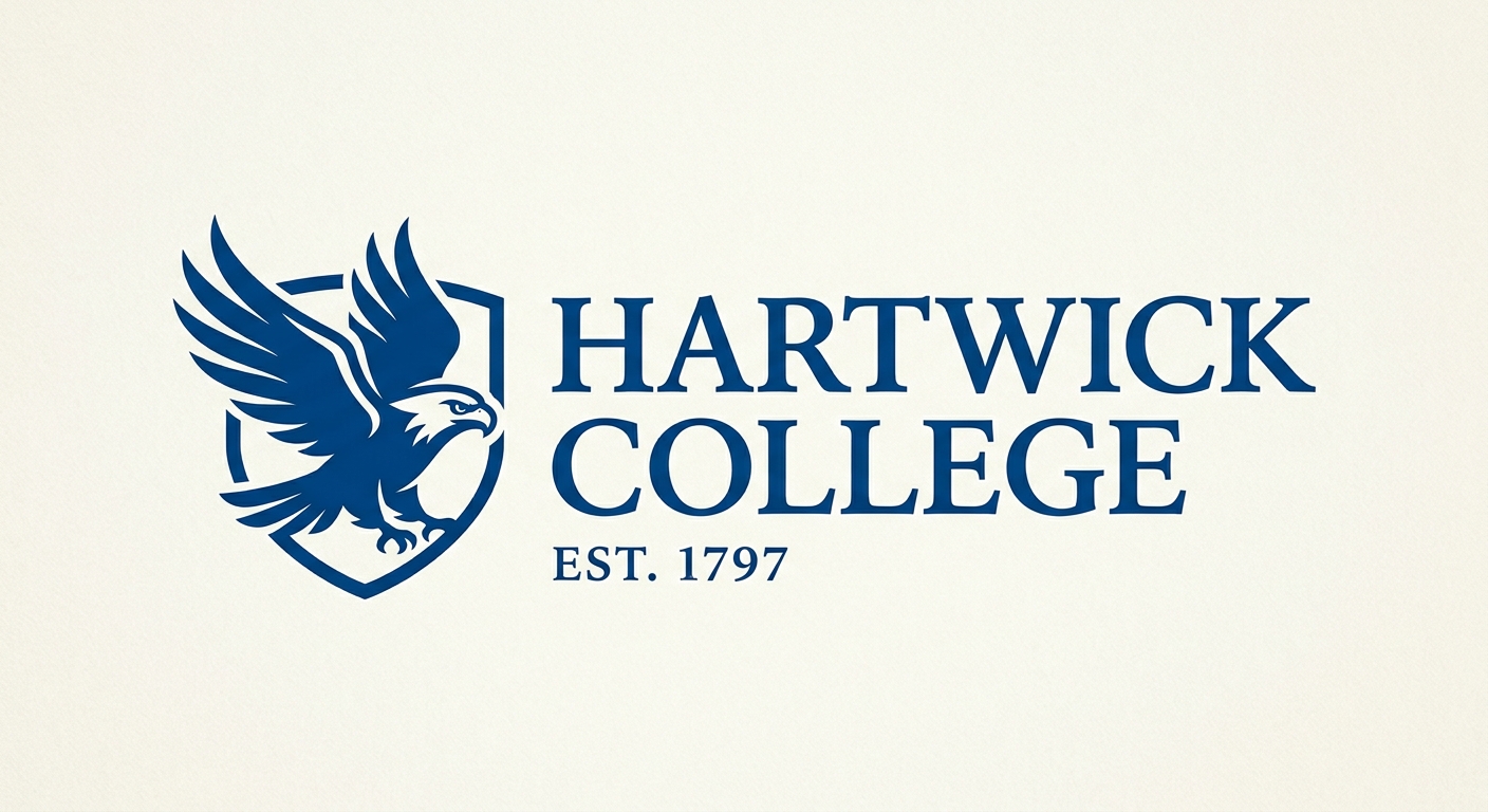 Hartwick College official logo featuring the college name in blue serif font with a hawk emblem