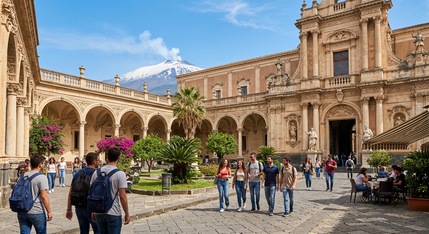Historic University of Catania campus building with baroque architecture in Sicily, students walking through sunlit courtyard with Mount Etna visible in the background, Mediterranean atmosphere