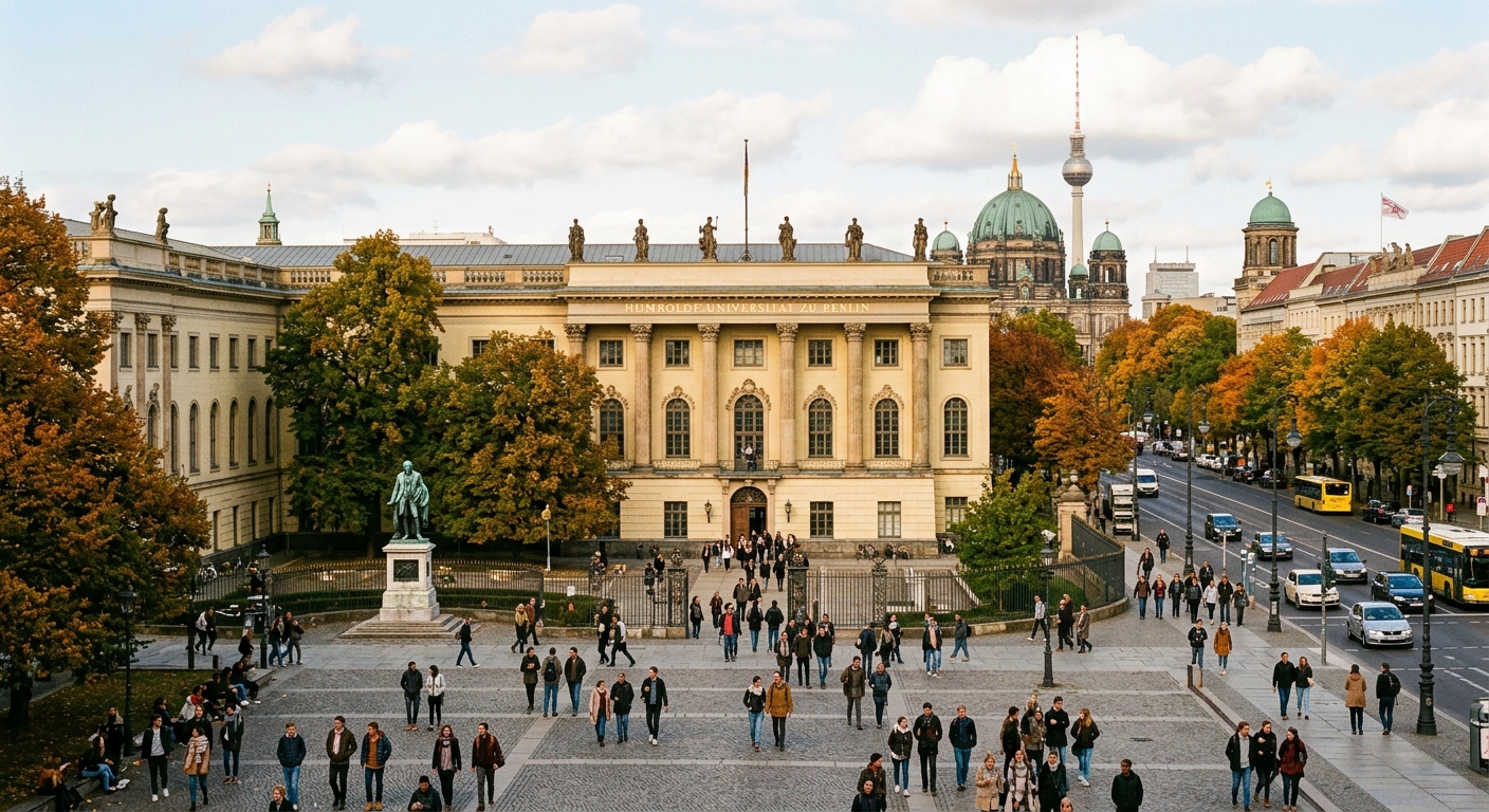 Historic Humboldt University of Berlin main building on Unter den Linden boulevard, neoclassical architecture with students walking through courtyard, Berlin cityscape in background, autumn light