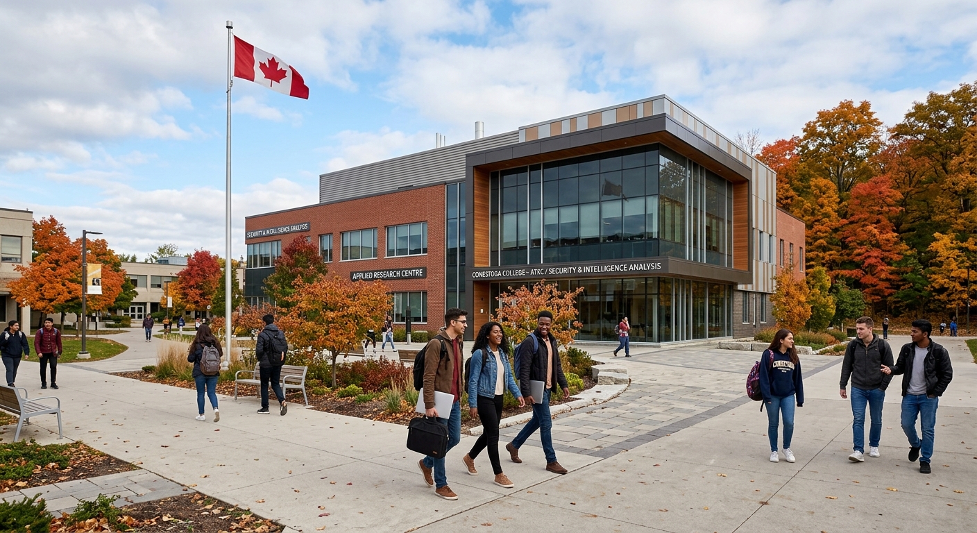 Modern college campus building at Conestoga College Doon campus in Kitchener Canada, students walking through courtyard, security and intelligence analysis theme, Canadian flag visible, autumn trees surrounding brick and glass architecture