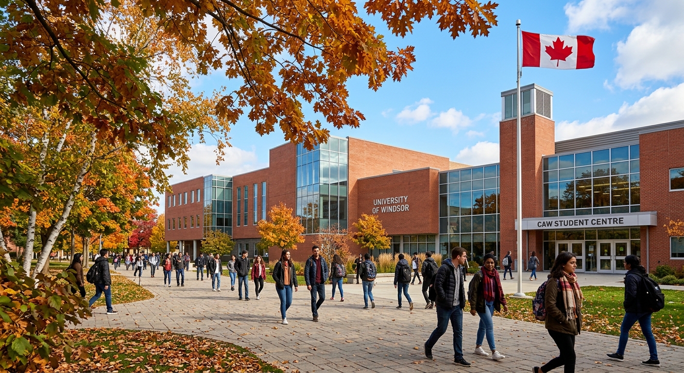 University of Windsor campus in autumn, modern brick buildings with glass facades, students walking along tree-lined pathways, Canadian flag visible, bright sunny day with blue sky over Windsor Ontario