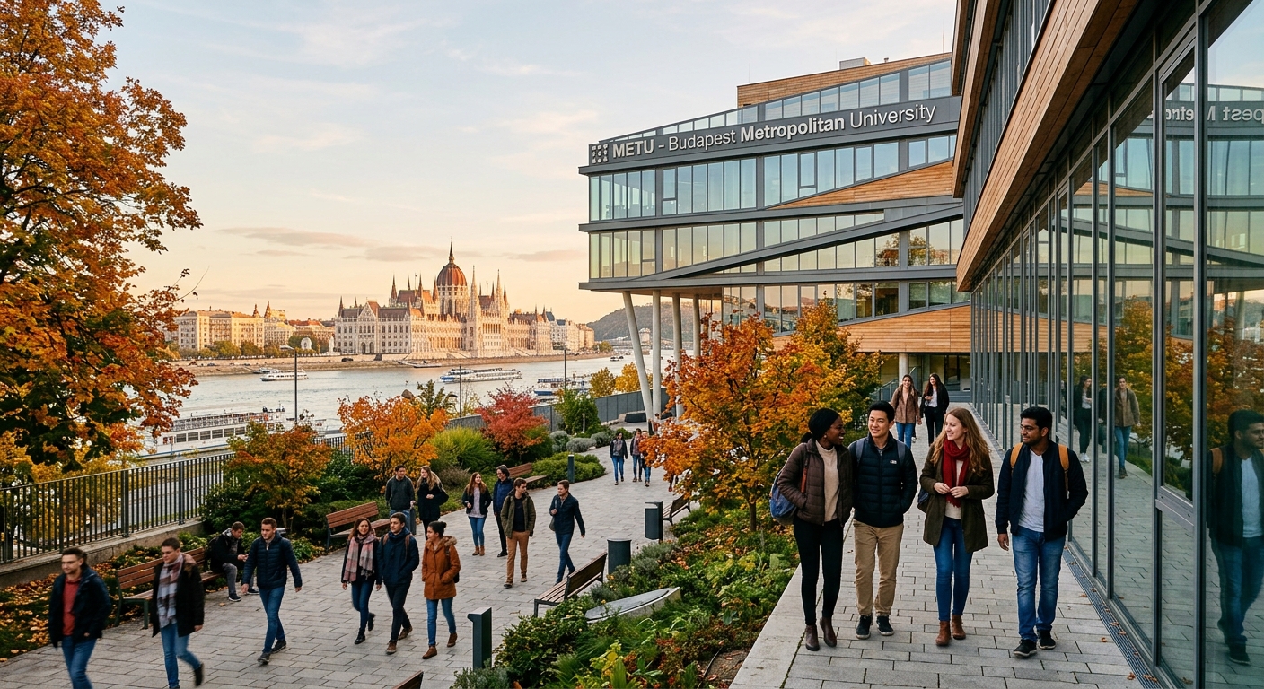 Modern Budapest Metropolitan University campus building with glass facade, international students walking through courtyard, Hungarian cityscape with Danube River visible in background, warm autumn light