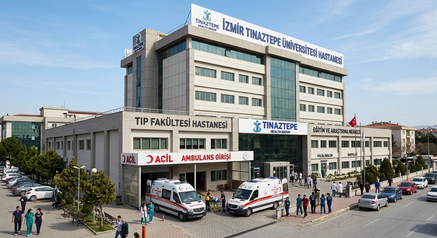 İzmir Tınaztepe University hospital building, multi-story medical facility with Tınaztepe Health Group branding, ambulance entrance, clinical training environment
