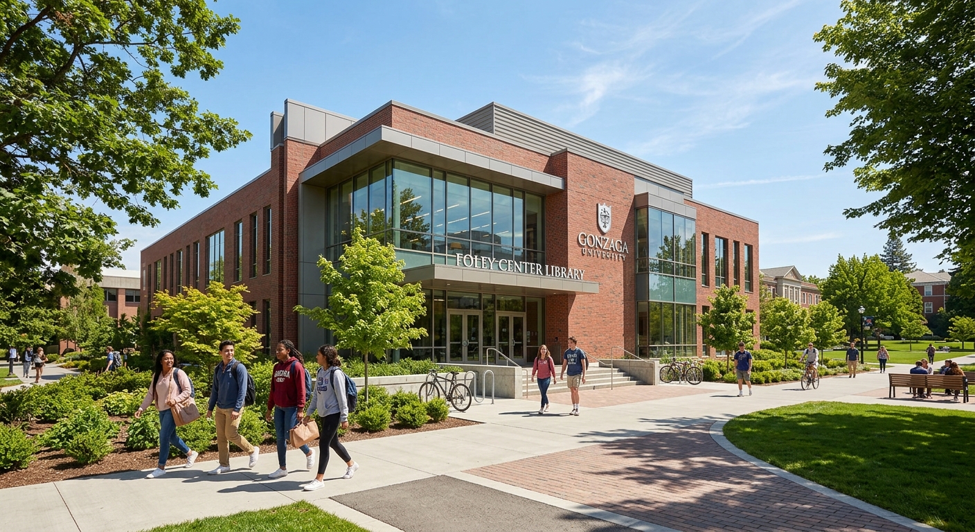 Foley Center Library at Gonzaga University, modern brick building with large windows, students walking on pathways, green landscaping, sunny day