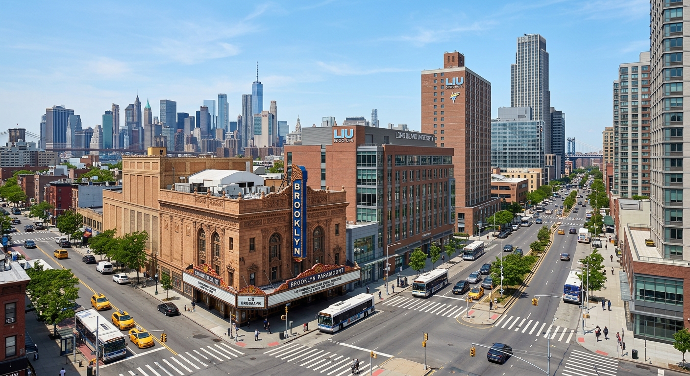 Long Island University Brooklyn campus wide shot showing urban campus buildings at the intersection of Flatbush and DeKalb Avenues in Downtown Brooklyn, with the historic Brooklyn Paramount Theater building visible, modern city skyline in background, clear day