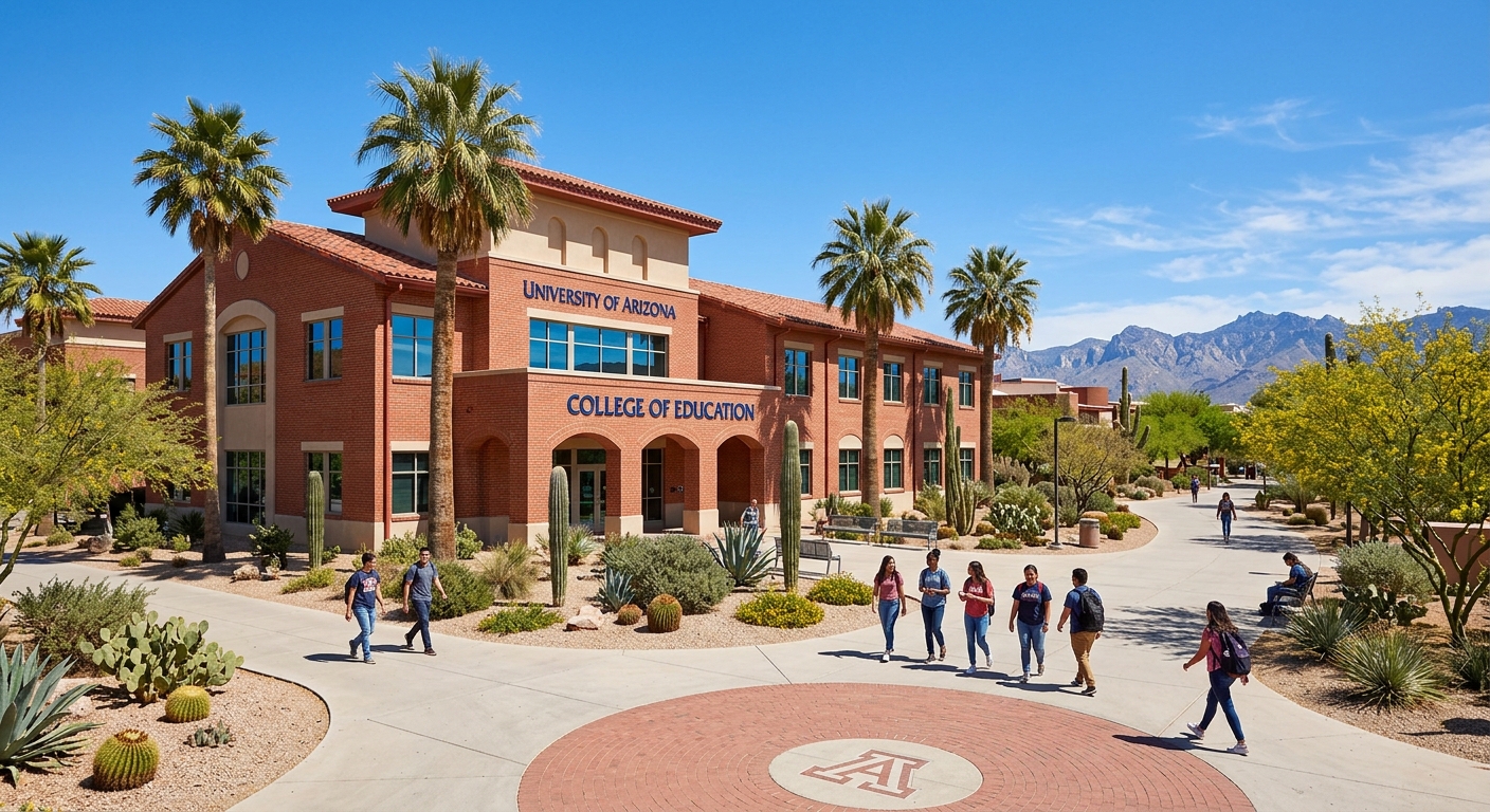University of Arizona College of Education building in Tucson with desert landscape, red brick architecture, palm trees, and students walking on campus pathways under clear blue Arizona sky