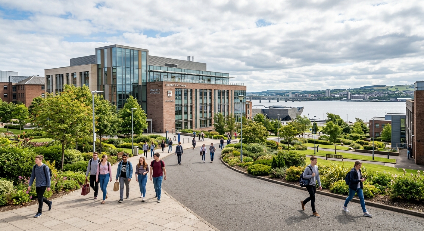 University of Dundee campus in Scotland with modern life sciences building, students walking along pathways surrounded by green landscaping, with the River Tay visible in the background under a partly cloudy sky