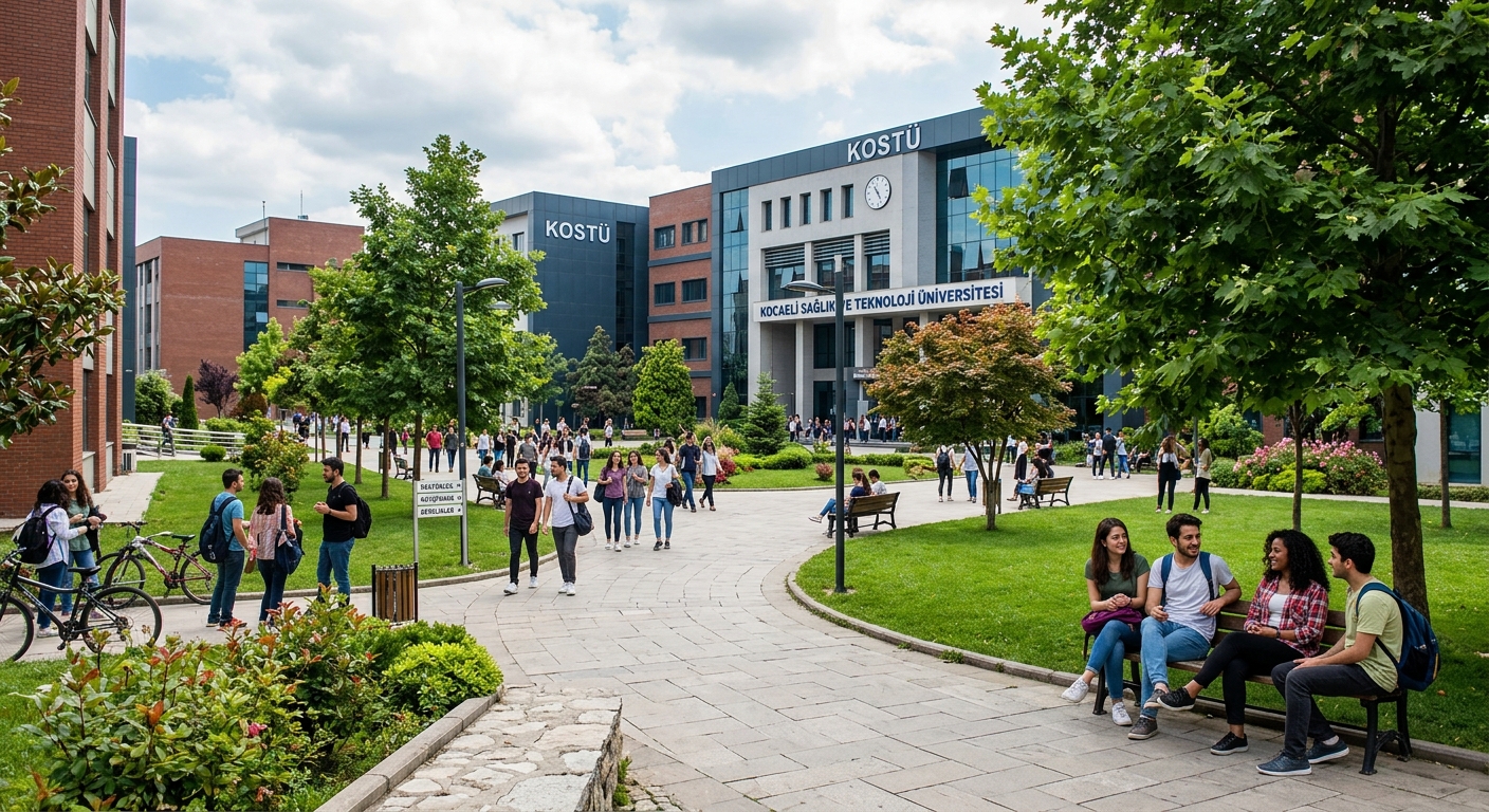 Green campus courtyard at KOSTÜ with walking paths, trees, benches, students socializing, modern buildings in background