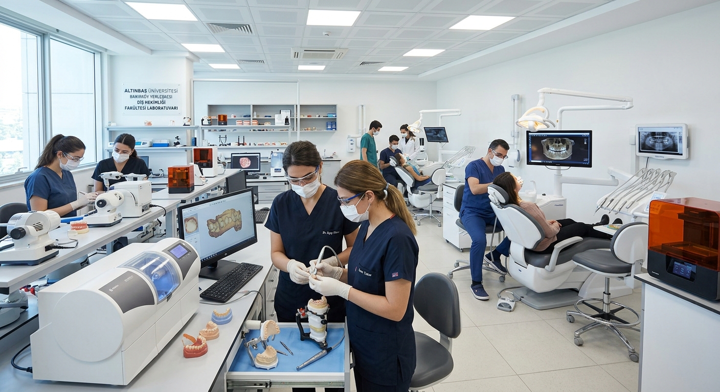 Modern dental clinic laboratory at Altinbas University Bakirkoy Campus in Istanbul, dental professionals working with advanced aesthetic dentistry equipment, bright clinical lighting, dental chairs and digital imaging technology visible