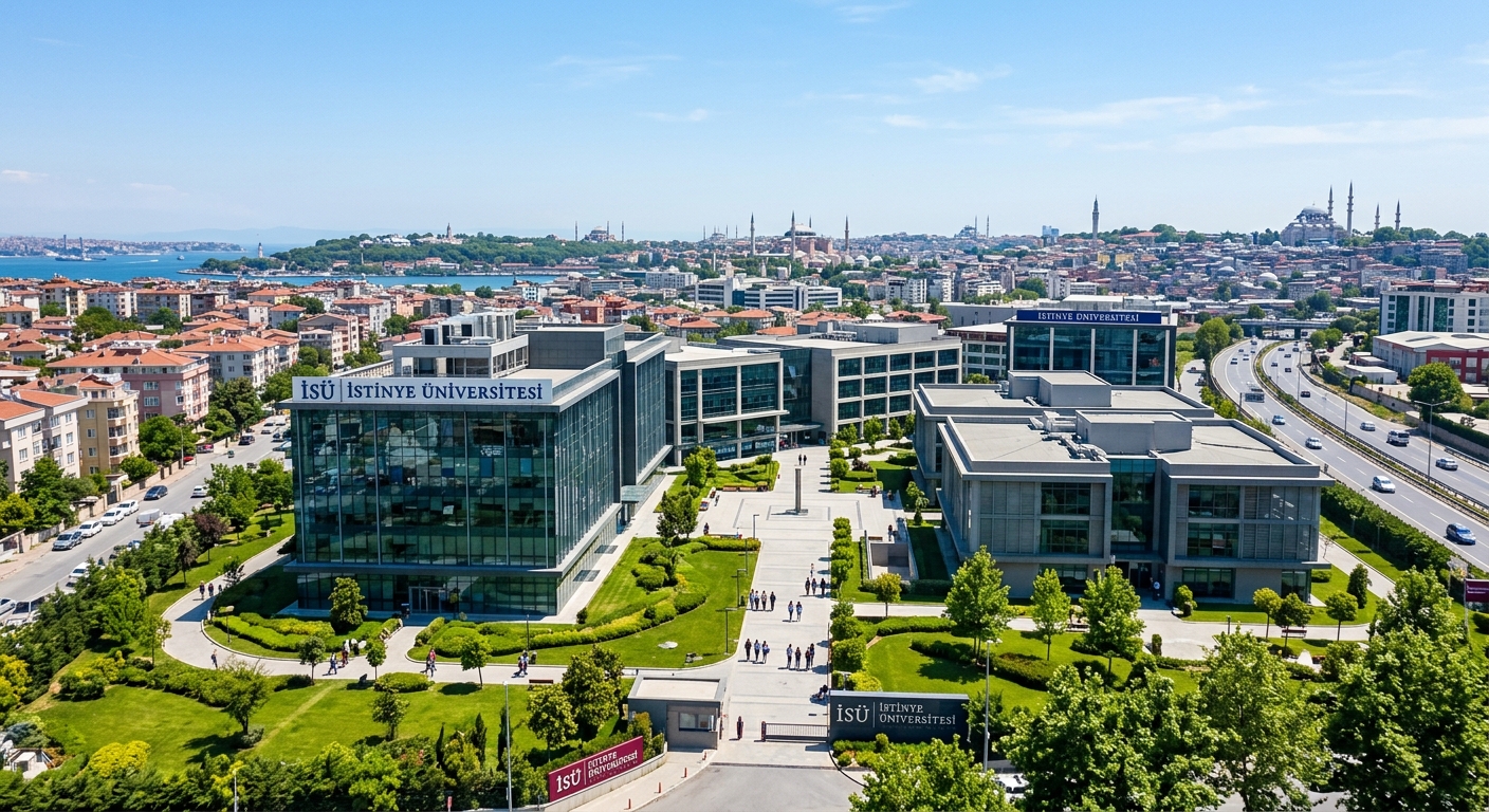 Istinye University Topkapi Campus wide-shot, modern glass and concrete academic buildings surrounded by green landscaping in Zeytinburnu Istanbul, with the historic city skyline and minarets visible in the background under clear blue sky