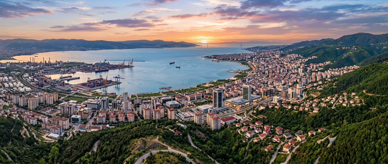 Panoramic view of Kocaeli city and the Gulf of Izmit, Sea of Marmara coastline, modern buildings, green hills, industrial port area, sunset sky