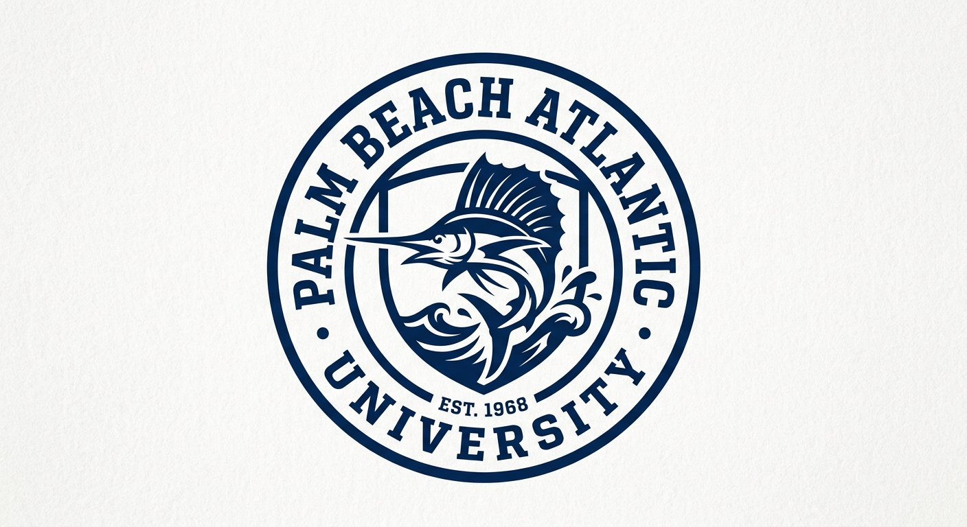 Palm Beach Atlantic University official logo featuring the university name with sailfish mascot emblem in navy blue and white