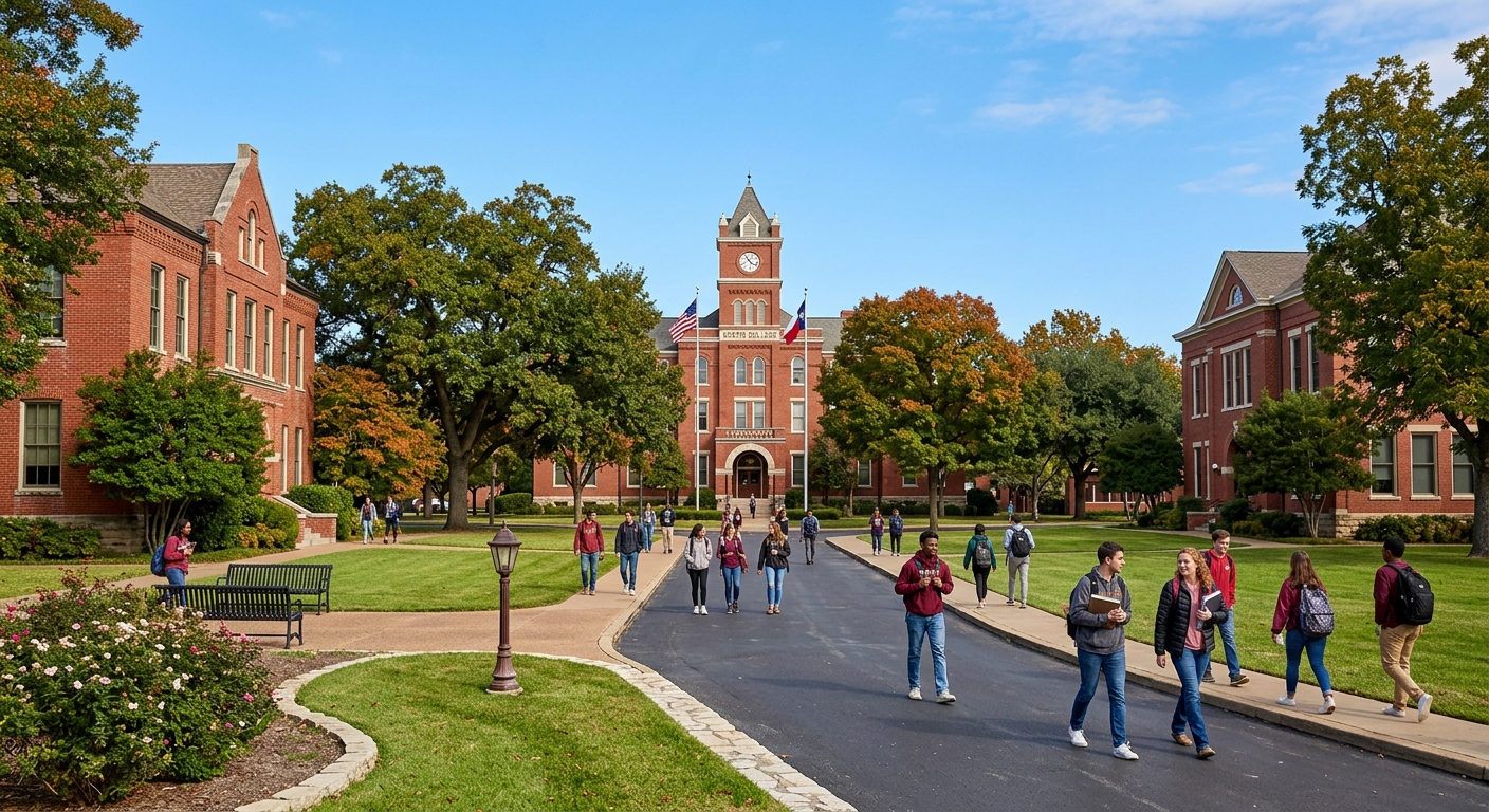 Historic Austin College campus in Sherman Texas with red brick buildings, tree-lined walkways, green lawns, and students walking between academic halls under a clear blue sky