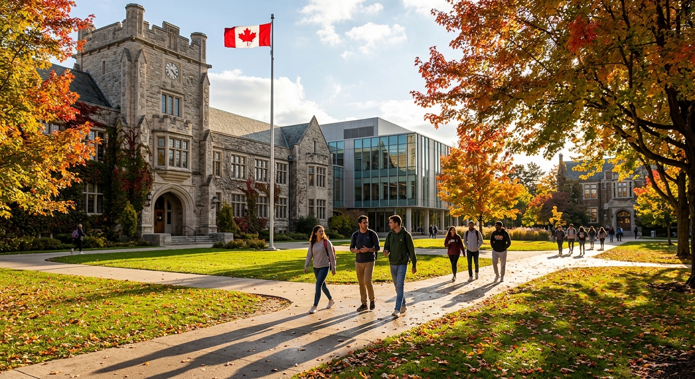 University of Windsor campus in autumn, historic stone buildings with modern additions, students walking along tree-lined pathways, Canadian flag visible, warm sunlight casting long shadows across green lawns