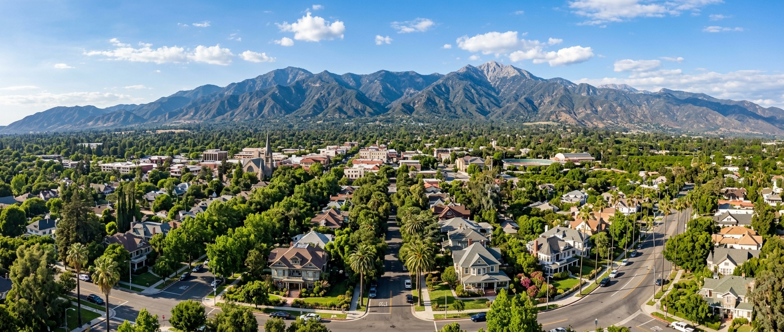 Panoramic view of the city of Redlands, California with tree-lined streets, historic Victorian homes, and the San Bernardino Mountains rising in the background under a bright blue sky
