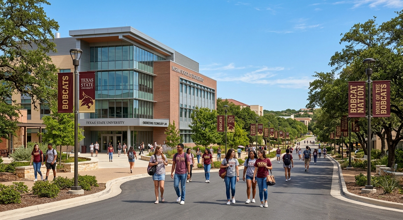 Texas State University campus in San Marcos with modern engineering technology laboratory building, students walking on tree-lined pathways, clear blue Texas sky, Bobcat spirit visible on banners