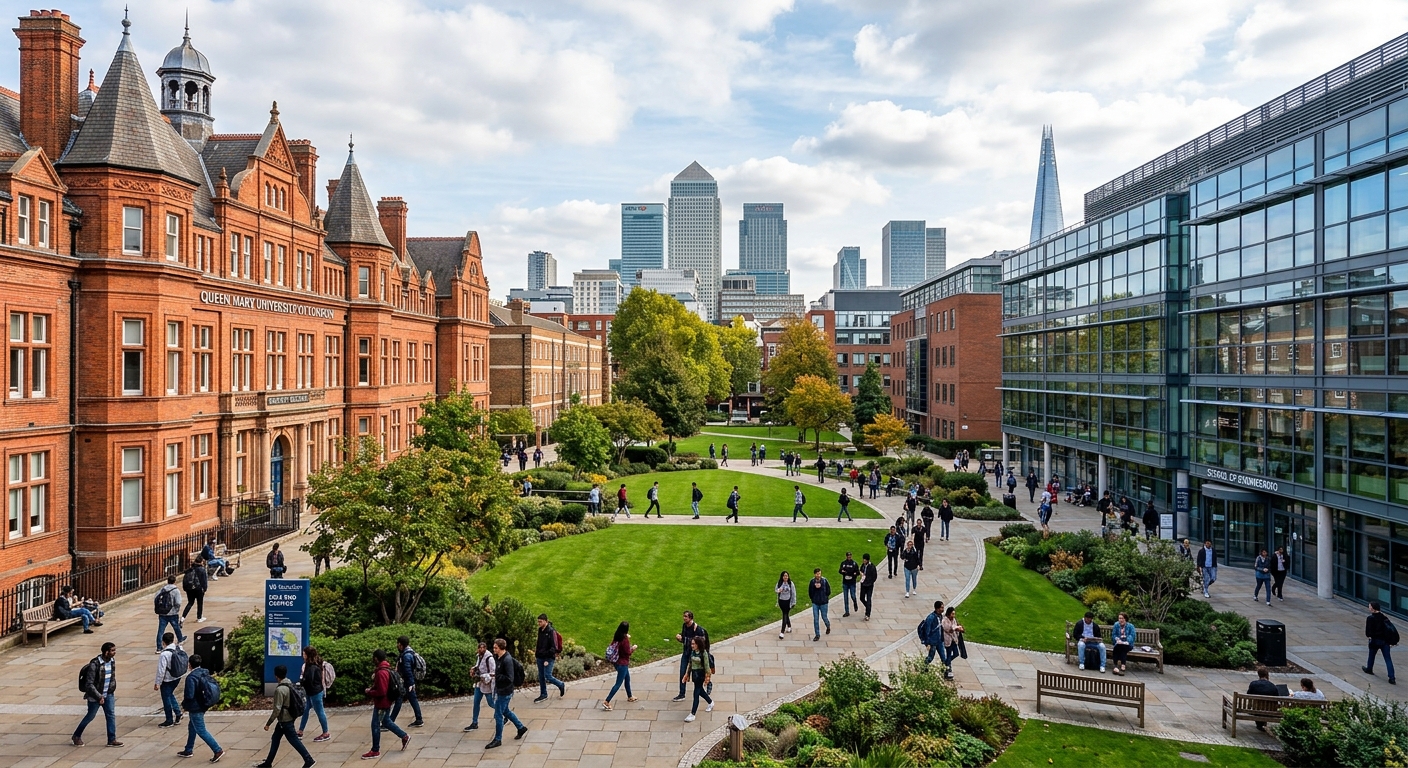 Modern university campus at Queen Mary University of London Mile End, red-brick Victorian buildings alongside contemporary glass architecture, students walking through green courtyards, East London skyline in background