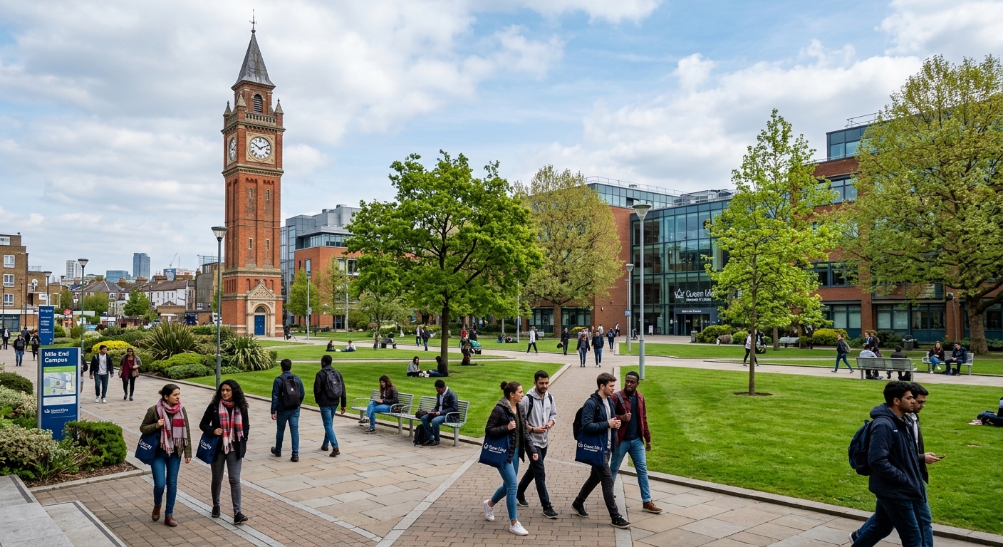 Queen Mary University of London campus with the iconic clock tower and modern buildings, students walking through the Mile End campus courtyard with green lawns and trees, East London urban setting