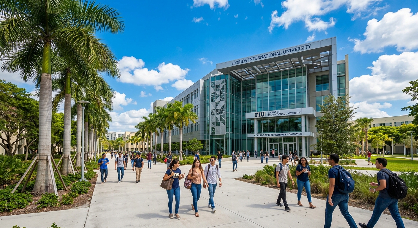 Modern engineering building at Florida International University campus in Miami, palm trees lining walkways, students walking near the College of Engineering and Computing, bright sunny day with blue sky
