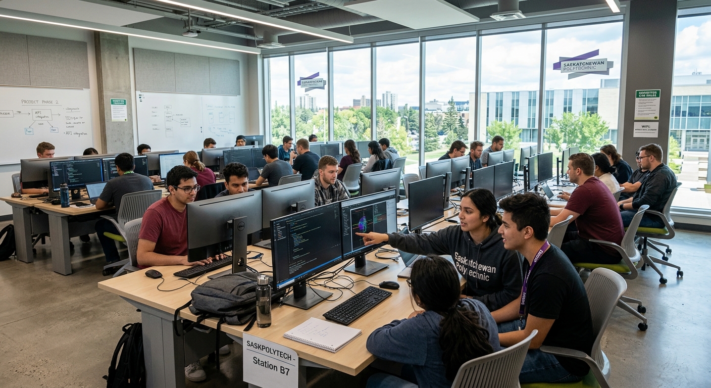 Saskatchewan Polytechnic modern computer lab with rows of workstations, students collaborating on projects, bright overhead lighting and large windows