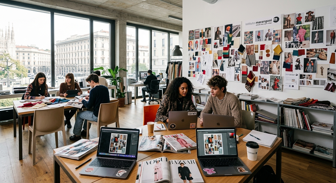 Stylish fashion campus interior at Istituto Marangoni Milan with students working on digital media projects, mood boards on walls, modern Italian design aesthetic, natural light streaming through large windows, fashion magazines and laptops on desks