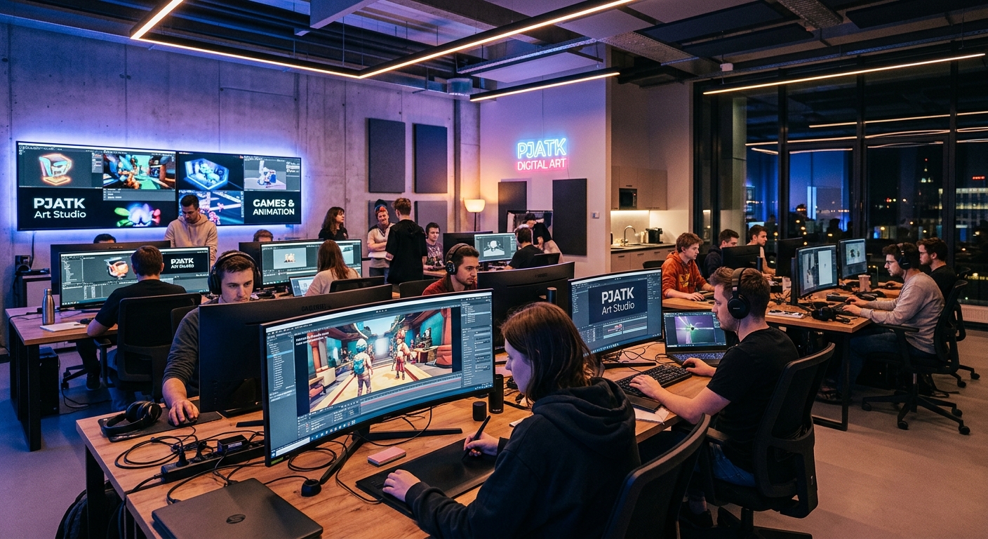 Modern digital art studio at Polish-Japanese Academy of Information Technology in Warsaw, students working on multimedia projects with large screens displaying 3D graphics, creative lighting, contemporary interior with design workstations