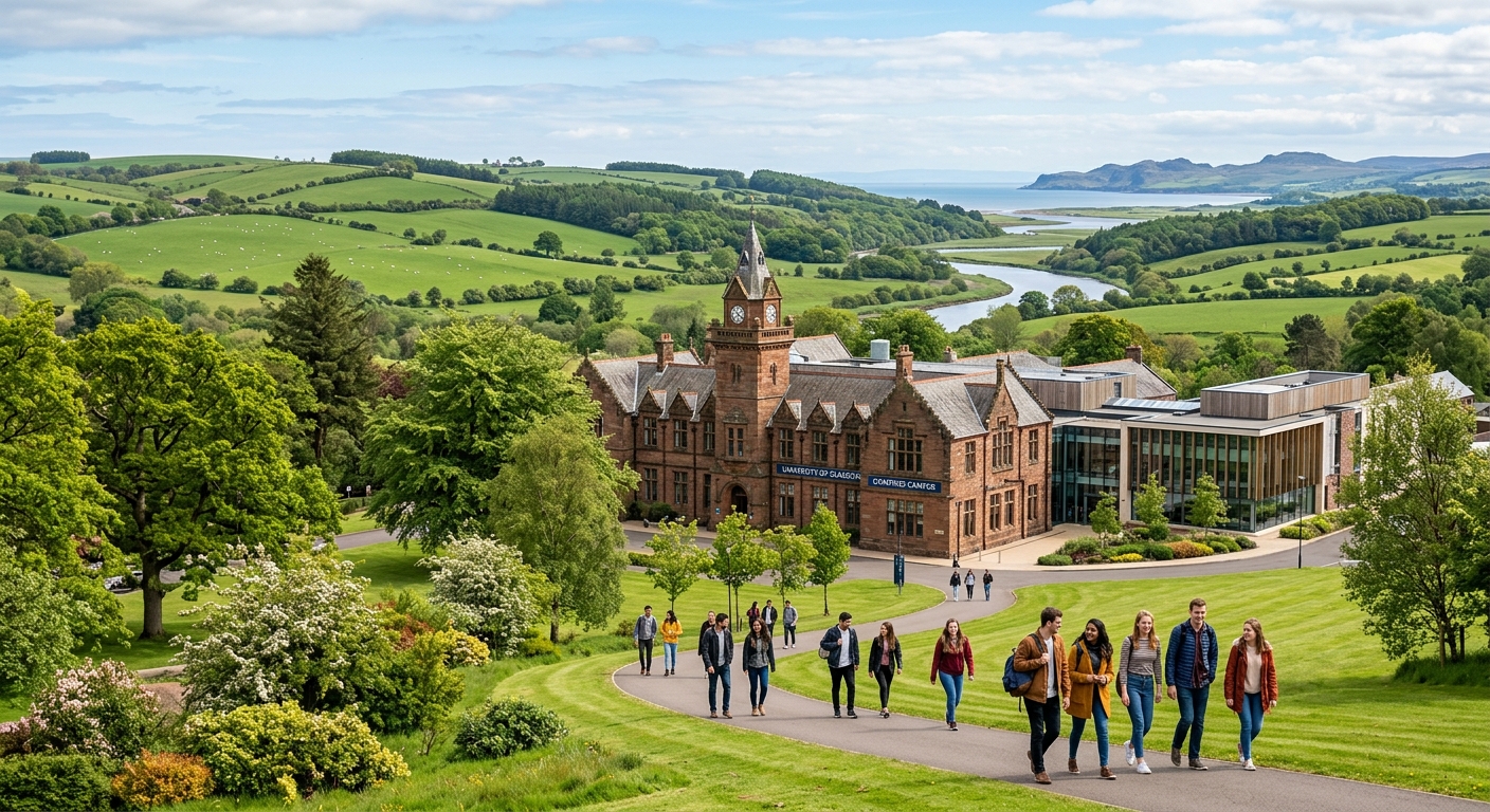 University of Glasgow Dumfries Campus surrounded by lush green Scottish countryside, historic stone buildings with modern facilities, students walking along pathways with rolling hills and coastal landscapes in the background
