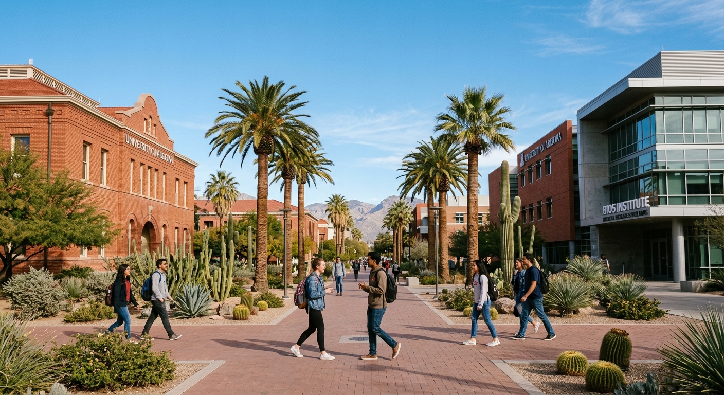University of Arizona campus in Tucson with red brick buildings, desert landscape, palm trees, and students walking between modern science laboratories under clear blue Arizona sky
