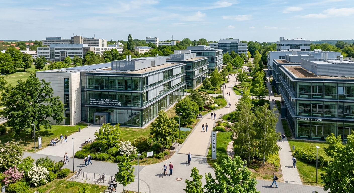 Weinberg Campus of Martin Luther University Halle-Wittenberg, modern science buildings surrounded by green spaces, research park with glass-fronted laboratories and walkways