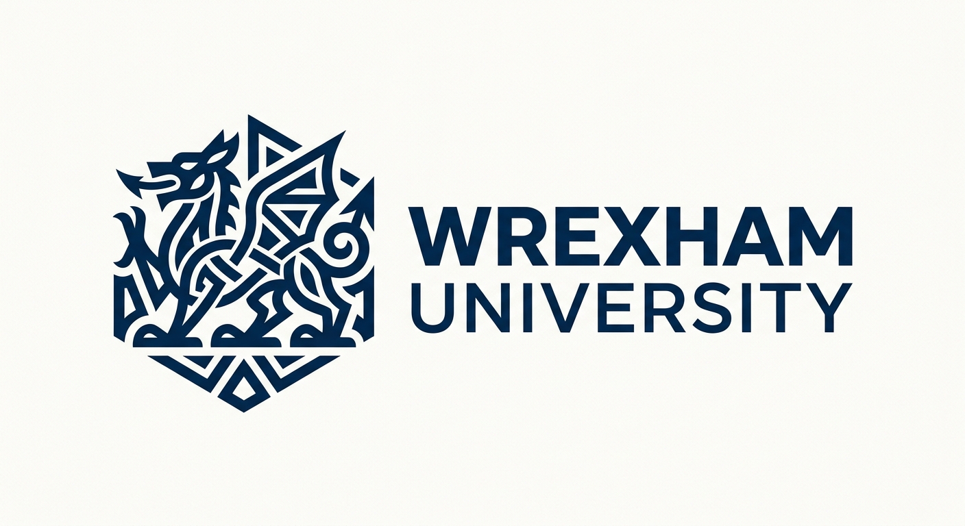 Wrexham University official logo featuring the university name in dark blue text with a stylised Welsh-inspired geometric emblem