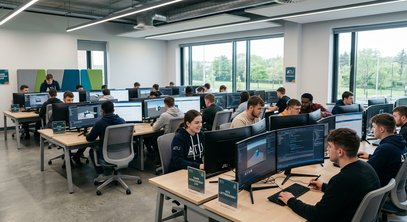 Modern computer lab at Atlantic Technological University Letterkenny campus with students working on game development projects using dual monitors, game engine software visible on screens, bright and contemporary learning environment