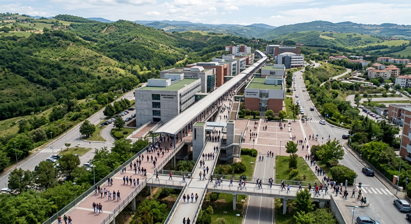 University of Calabria campus aerial view showing modern buildings along the bridge-like structure surrounded by green hills in Arcavacata di Rende, Cosenza, Southern Italy, with students walking between departments