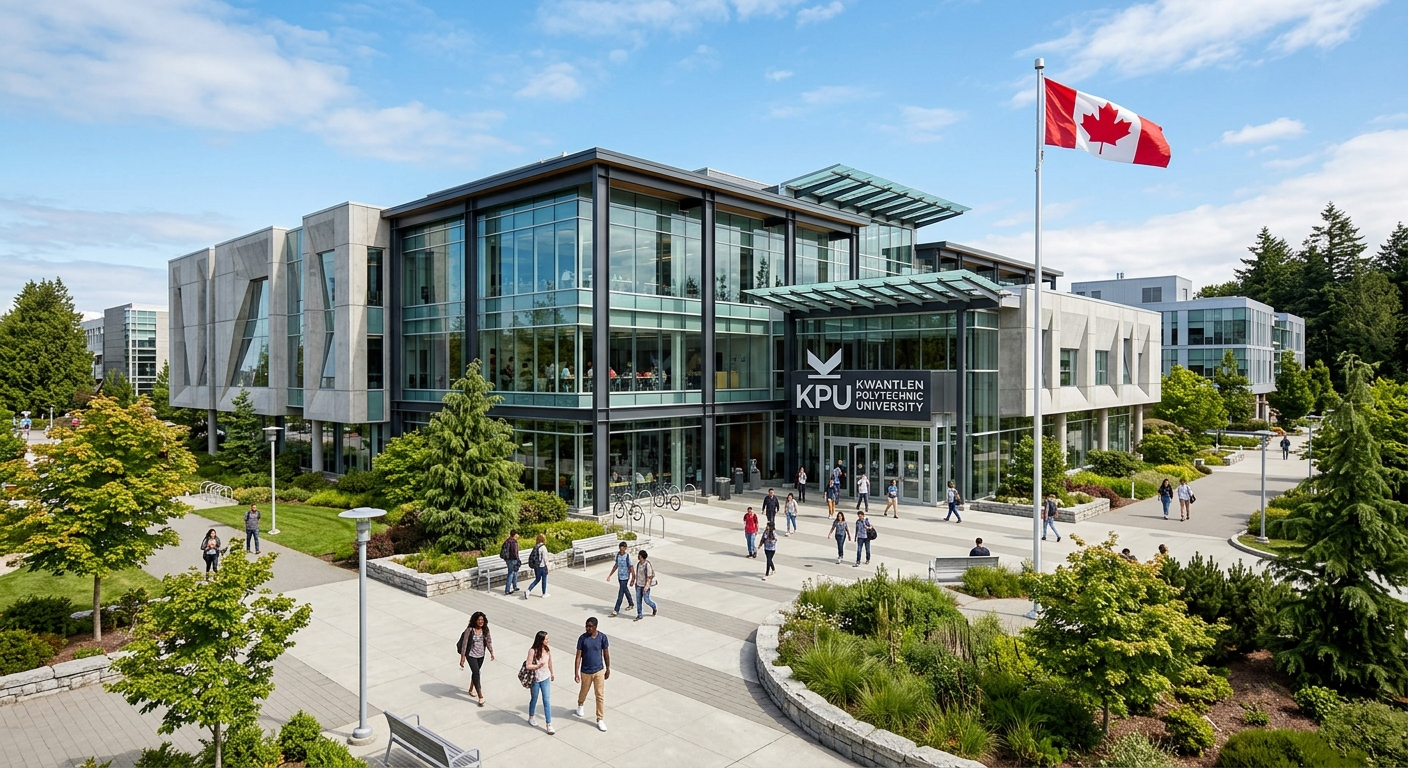 KPU Surrey campus main building exterior, modern glass and steel architecture, landscaped entrance with student walkways, bright daylight, Canadian flag visible