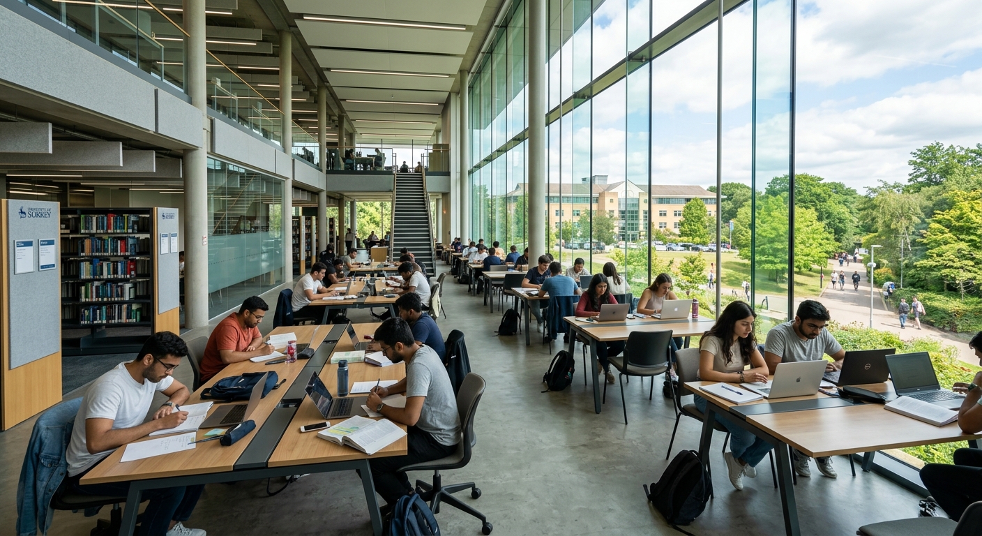 University of Surrey library interior, modern open-plan study spaces with floor-to-ceiling windows, students studying at desks, natural light