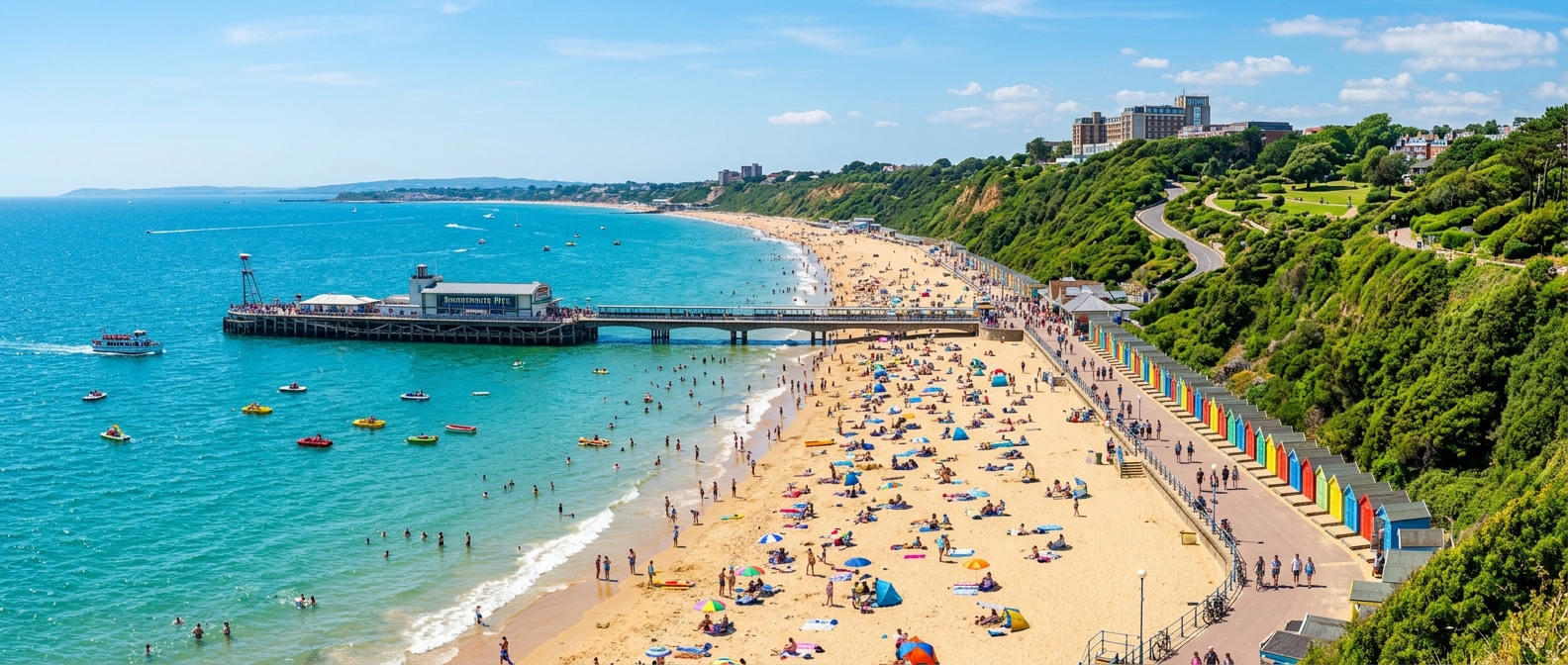 Panoramic view of Bournemouth seafront showing golden sandy beach, turquoise sea, iconic pier, and colourful beach huts with cliffs and green parkland in the background on a bright summer day