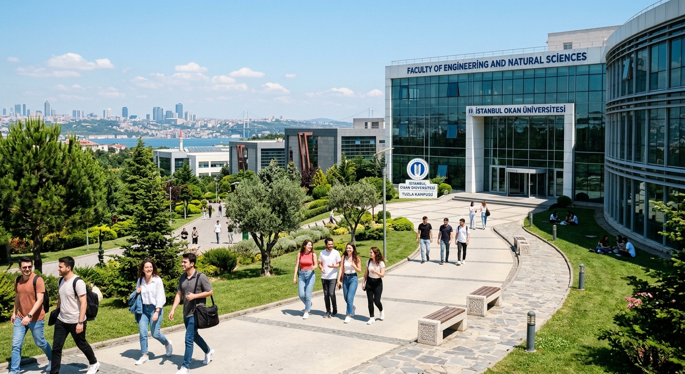 Modern Istanbul Okan University Tuzla Campus building with glass facades, green landscaped grounds, students walking along pathways, Istanbul skyline visible in the background, sunny day