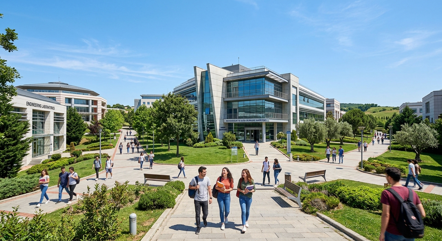 Modern Sabancı University Tuzla campus in Istanbul with contemporary architecture, green landscaping, engineering laboratories, and students walking between faculty buildings under clear blue sky