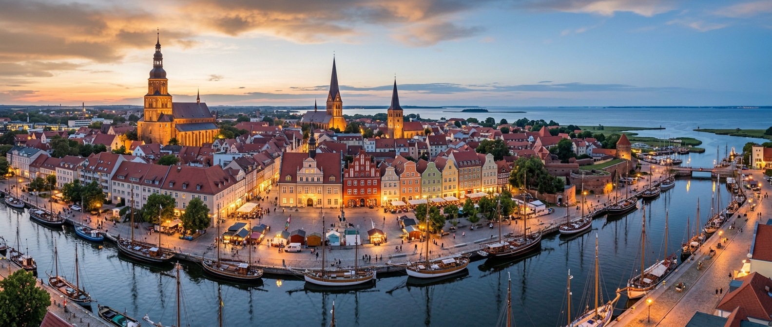 Panoramic view of Greifswald old town with Gothic brick church spires, colorful gabled merchant houses along the market square, museum harbor with historic ships on the River Ryck, and Baltic Sea coastline in the distance