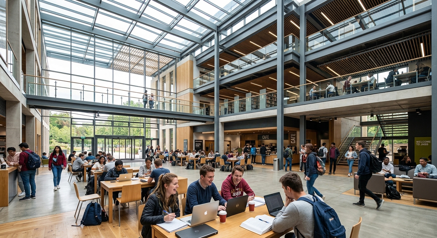John Henry Brookes Building at Oxford Brookes University, modern glass and steel architecture, open atrium with natural light, students studying and socialising inside