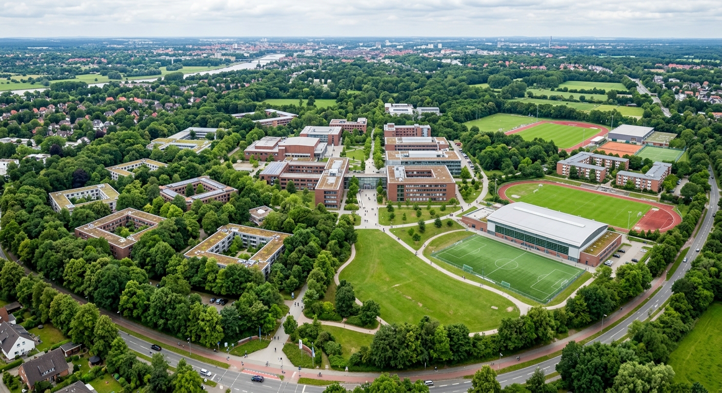 Constructor University Bremen campus aerial view, green tree-shaded 34-hectare grounds with modern academic buildings, residential colleges, and Sports Convention Center, northern Germany setting with overcast sky
