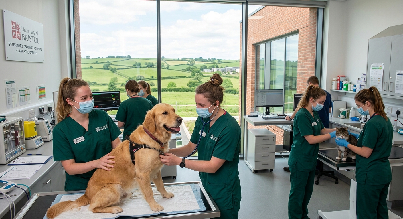 University of Bristol Langford campus with veterinary nursing students in clinical scrubs working with companion animals in a modern veterinary teaching hospital, green Somerset countryside in the background