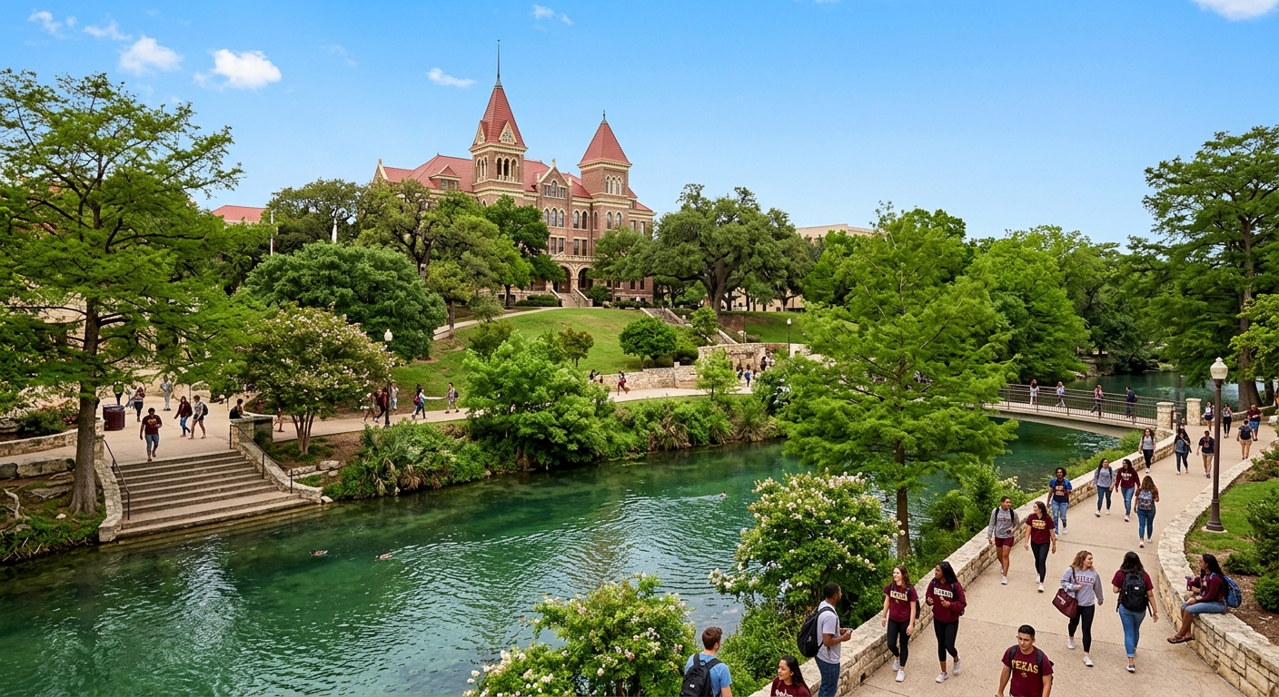 Texas State University campus in San Marcos with the iconic Old Main building, lush green trees along the San Marcos River, students walking on pathways under clear blue Texas sky
