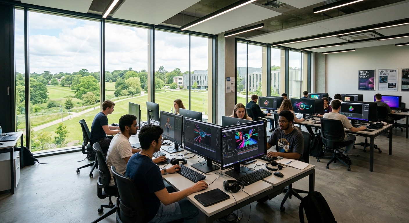 University of Kent Canterbury campus with modern digital arts studio, students working on creative technology projects with large screens displaying digital media, green parkland visible through windows