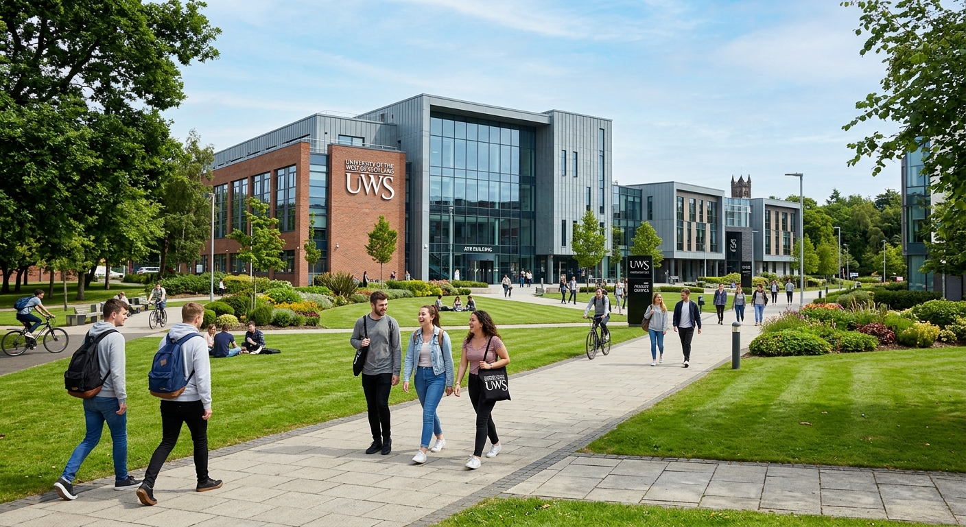 University of the West of Scotland Paisley campus exterior with modern buildings, green landscaped grounds, and students walking along pathways on a bright day in Scotland