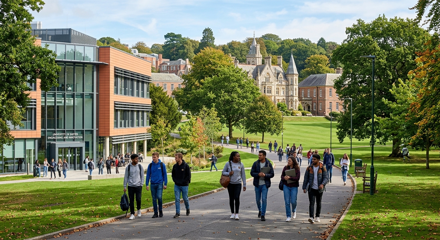 University of Exeter Streatham Campus with modern engineering building, green parkland, and students walking along tree-lined paths with historic and contemporary architecture in the background