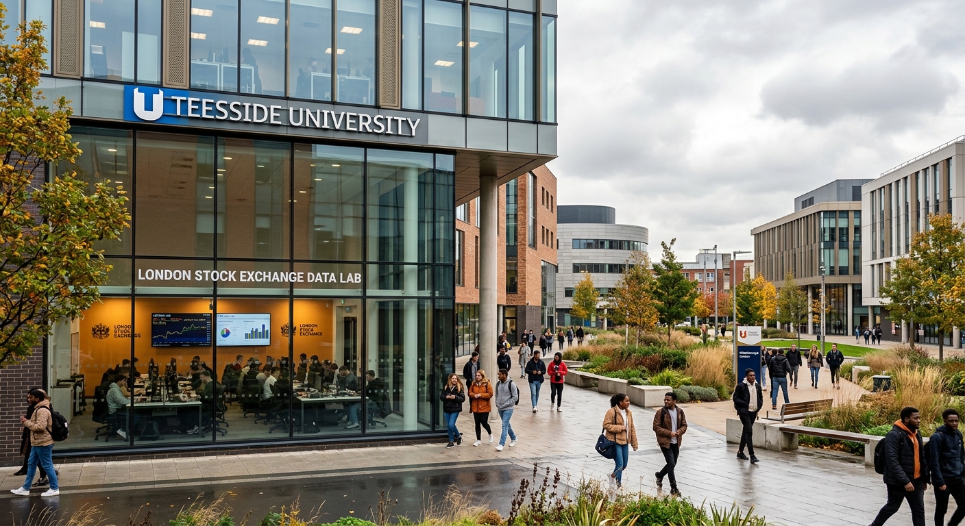 Modern Teesside University campus in Middlesbrough, North East England, featuring contemporary glass-fronted buildings, students walking through a landscaped courtyard, with the London Stock Exchange Data Lab visible through large windows, bright overcast sky typical of the UK